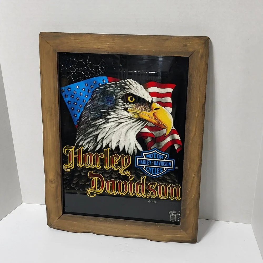 Vintage 1986 Harley Davidson Eagle American‎ Flag Framed Mirror Art 19x14 3/4